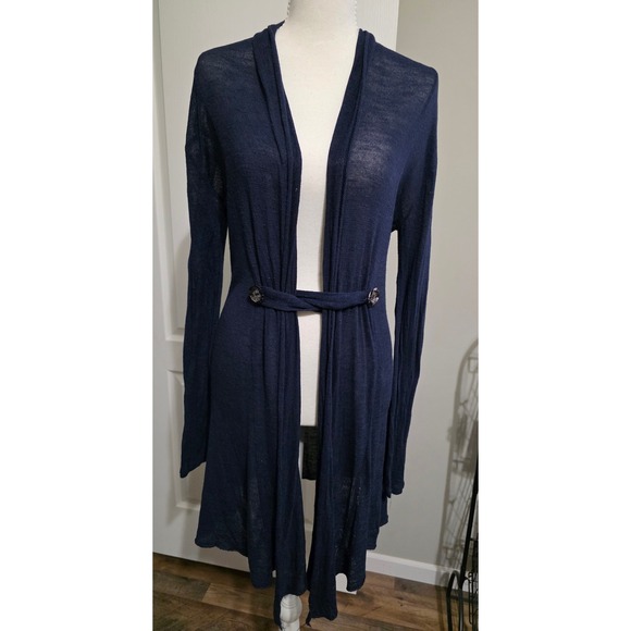 Sweaters - Open front Cardigan Women M Navy Blue Shimmery Sheer Knit Longline Made in Italy
